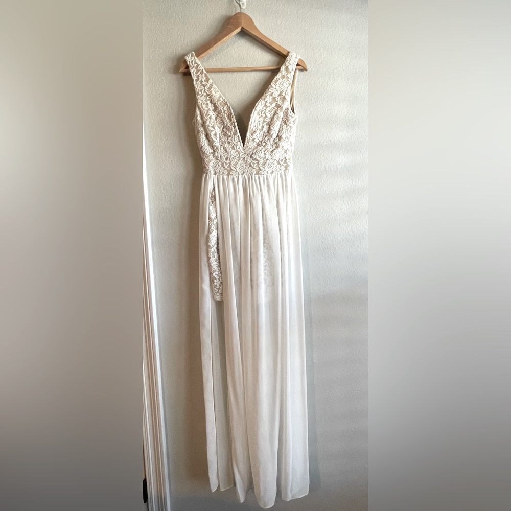 ANGL maxi dress in size medium. Lace form fitting mini dress with sheer overlay